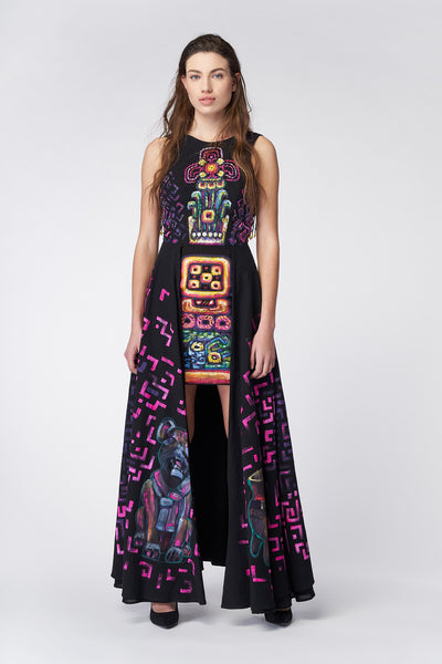 LONG HIGH-LOW HAND-PAINTED AND HAND-EMBROIDERED DRESS