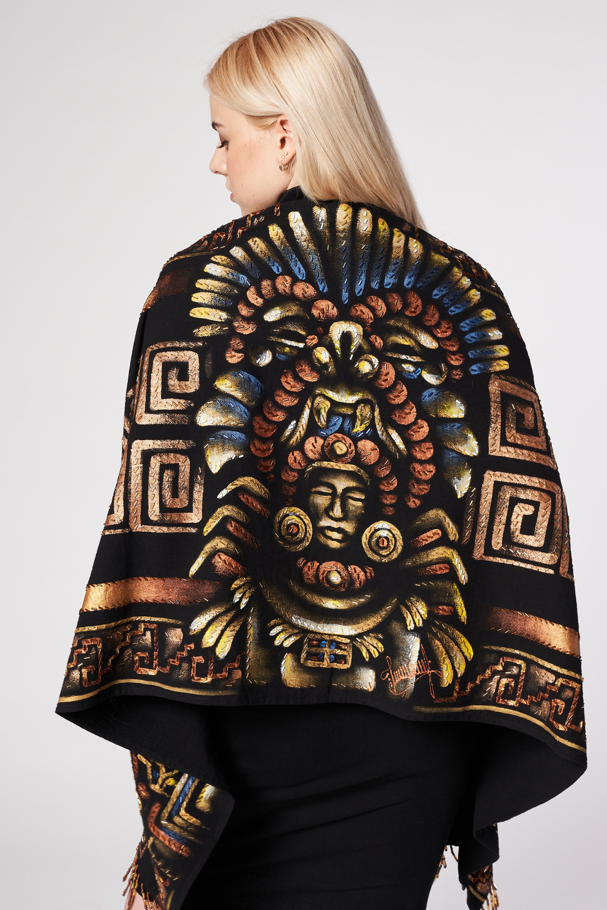 HAND-PAINTED AND HAND-EMBROIDERED SHAWL WITH BEADED FRINGE - GUERREROS