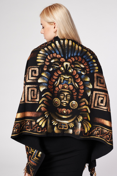 HAND-PAINTED AND HAND-EMBROIDERED SHAWL WITH BEADED FRINGE - GUERREROS