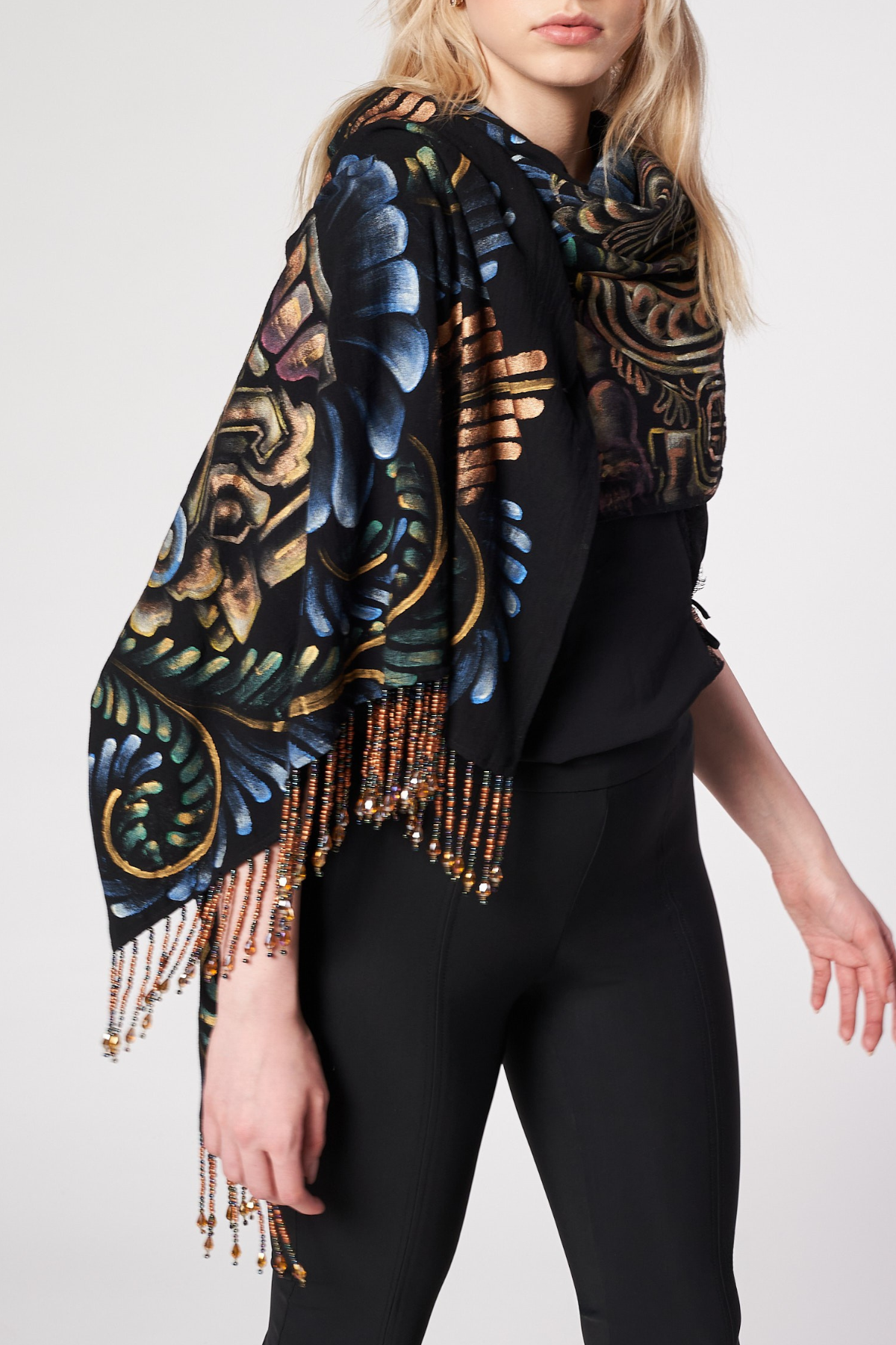 HAND PAINTED BEADED FRINGE SHAWL - PREHISPANICO