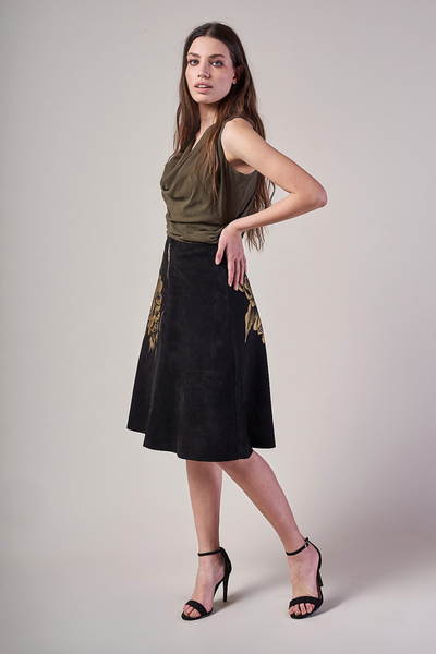 GONNA MIDI CAMOSCIO DIPINTA A MANO – ROSAS ORO