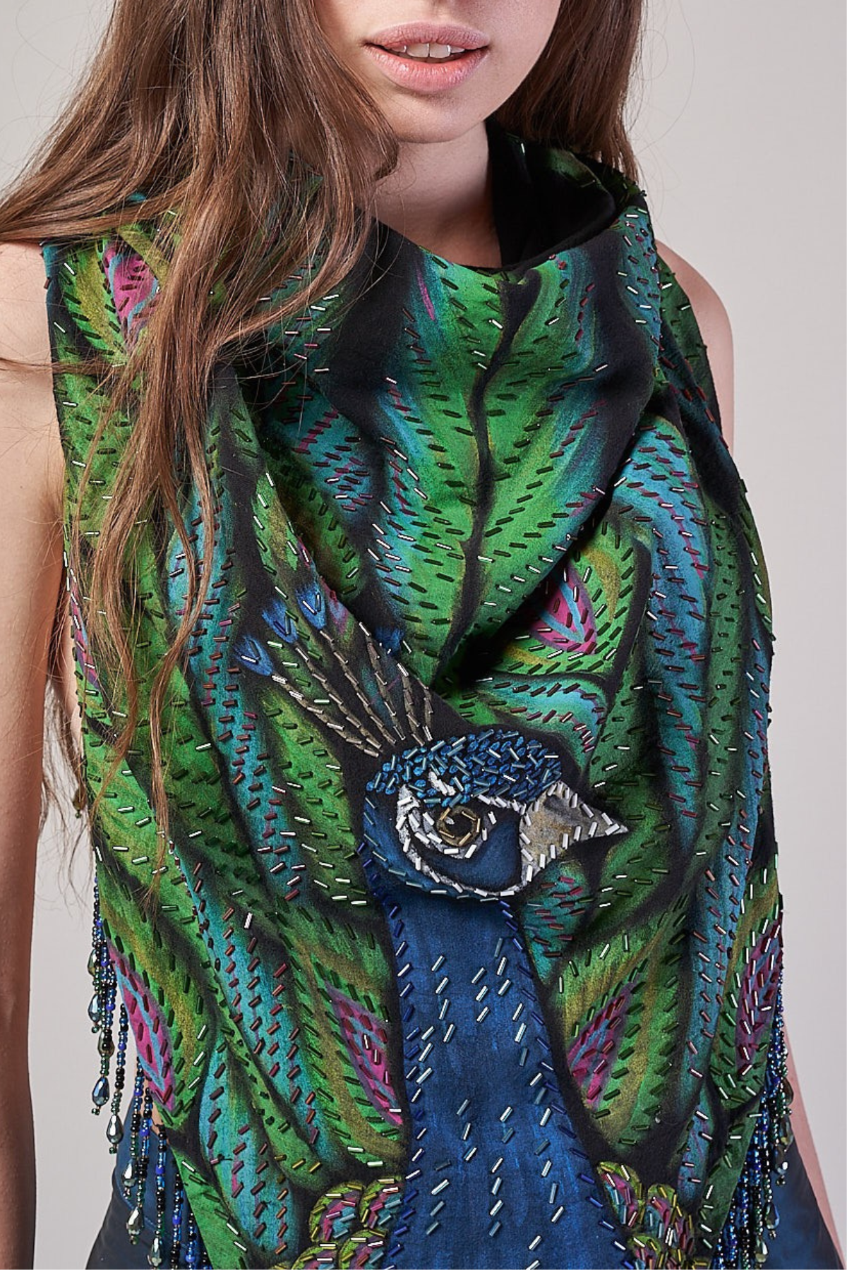 HAND-PAINTED AND HAND-EMBROIDERED TRIANGULAR SHAWL WITH BEADED FRINGE - PAVO REAL