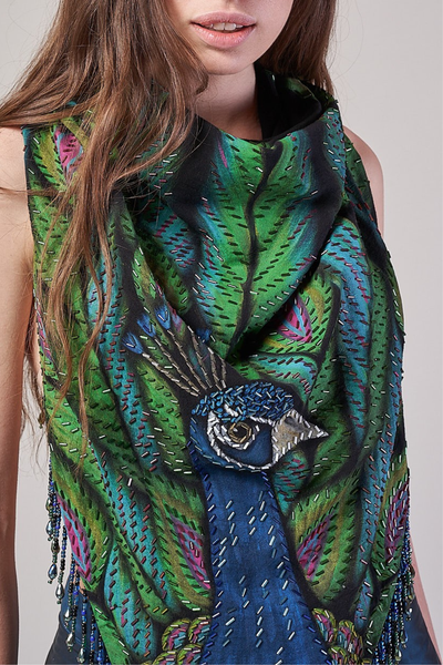 HAND-PAINTED AND HAND-EMBROIDERED TRIANGULAR SHAWL WITH BEADED FRINGE - PAVO REAL