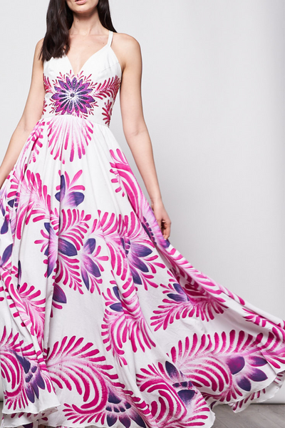 LONG DRESS V NECK HAND-PAINTED AND HAND-EMBROIDERED - TALAVERA PINK