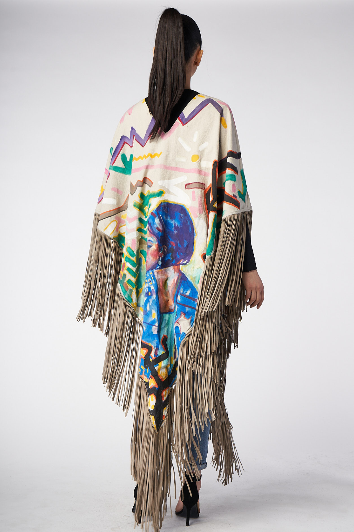 LONG PONCHO WITH HAND-PAINTED SUEDE FRINGE - INDIGENAS