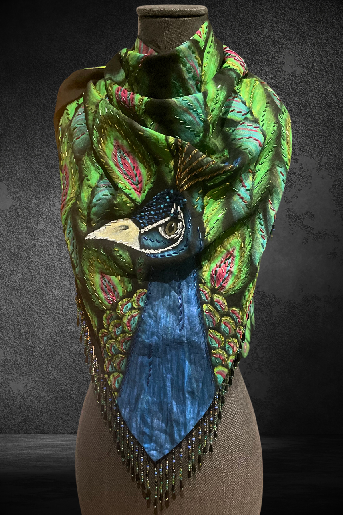 HAND-PAINTED AND HAND-EMBROIDERED TRIANGULAR SHAWL WITH BEADED FRINGE - PAVO REAL