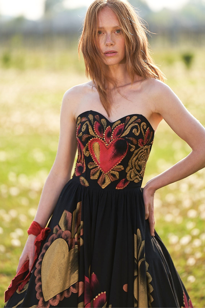 ABITO LUNGO BUSTIER STRAPLESS DIPINTO E RICAMATO A MANO - CORAZONES ROJOS