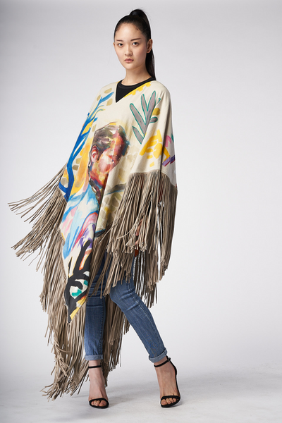 LONG PONCHO WITH HAND-PAINTED SUEDE FRINGE - INDIGENAS