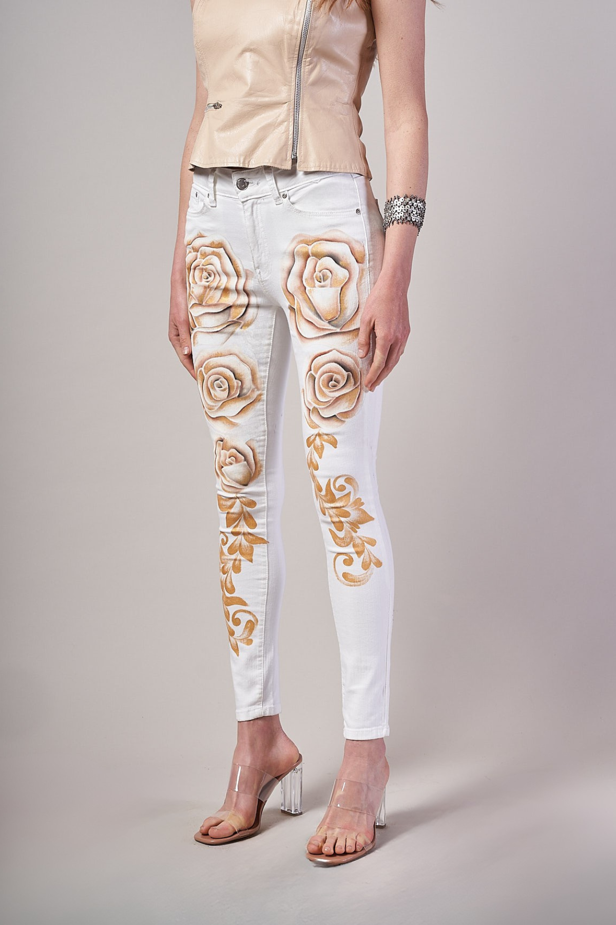 JEANS WHITE DENIM DIPINTI A MANO - ROSAS SEPIA