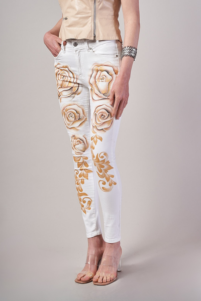 JEANS WHITE DENIM DIPINTI A MANO - ROSAS SEPIA
