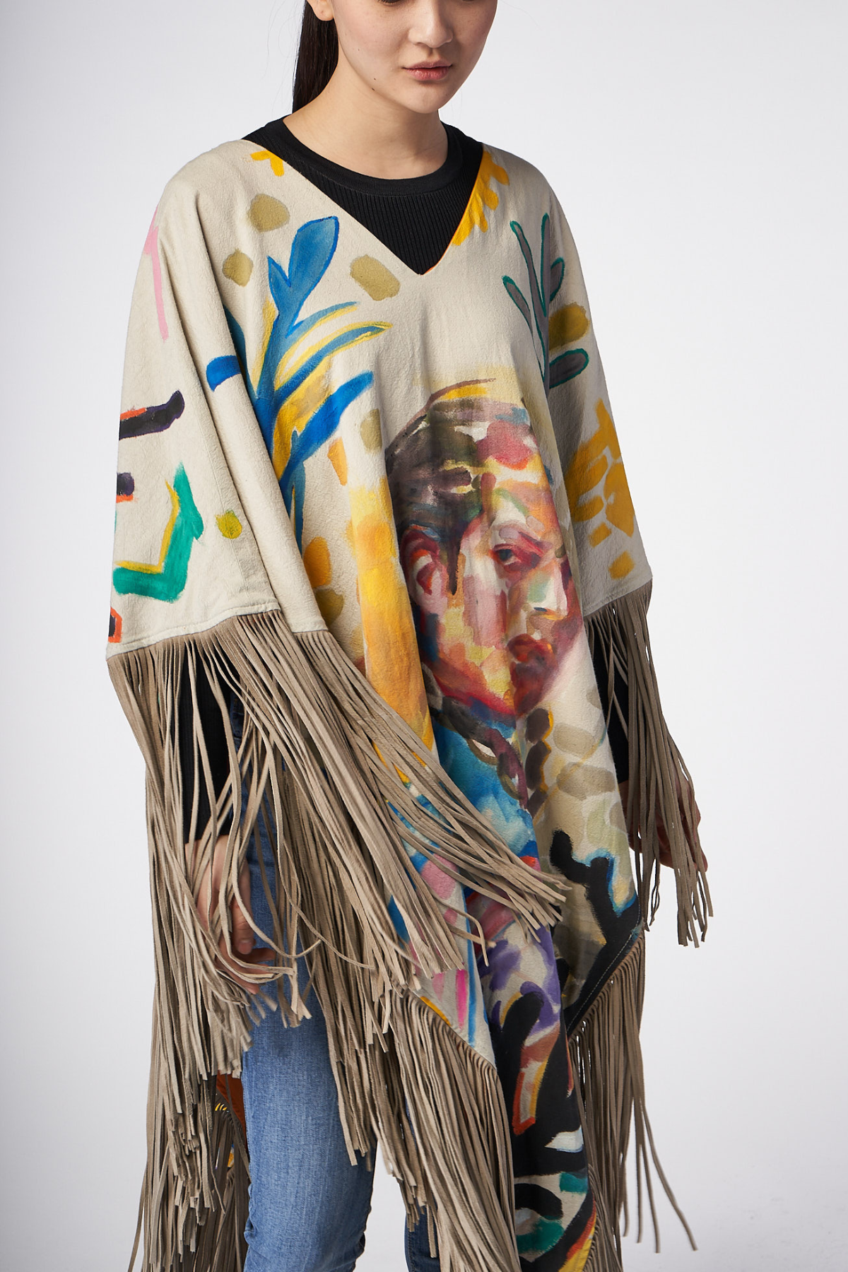 LONG PONCHO WITH HAND-PAINTED SUEDE FRINGE - INDIGENAS