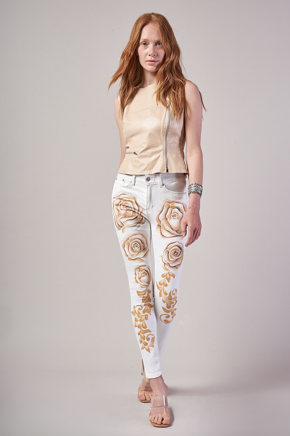 JEANS WHITE DENIM DIPINTI A MANO - ROSAS SEPIA