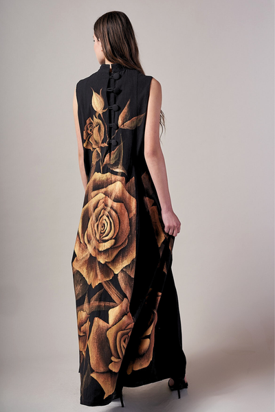 ABITO LUNGO COLLETTO ALLA COREANA DIPINTO A MANO - ROSAS ORO