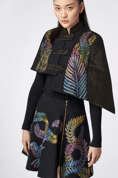 SHORT HAND-PAINTED AND HAND-EMBROIDERED IRREGULAR CAPE