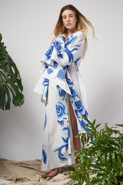 LONG HAND-PAINTED KIMONO DRESS - ROSAS AZULES