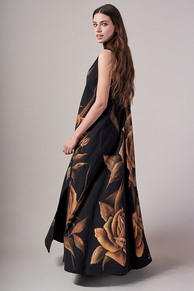 ABITO LUNGO COLLETTO ALLA COREANA DIPINTO A MANO - ROSAS ORO