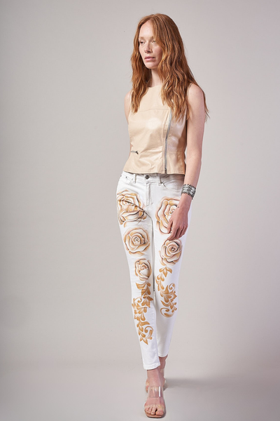 JEANS WHITE DENIM DIPINTI A MANO - ROSAS SEPIA