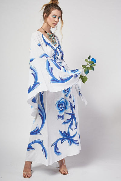 LONG HAND-PAINTED KIMONO DRESS - ROSAS AZULES
