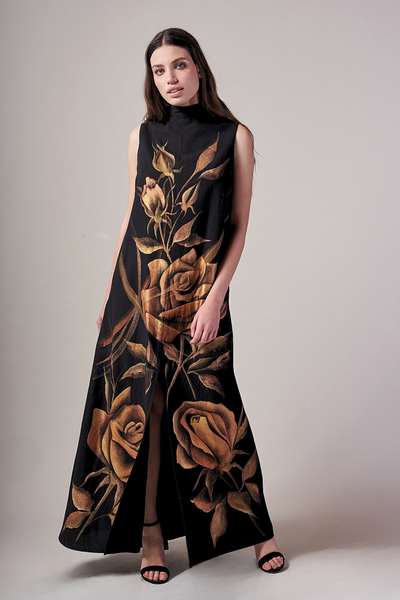 ABITO LUNGO COLLETTO ALLA COREANA DIPINTO A MANO - ROSAS ORO