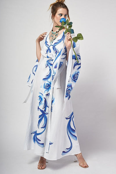 LONG HAND-PAINTED KIMONO DRESS - ROSAS AZULES