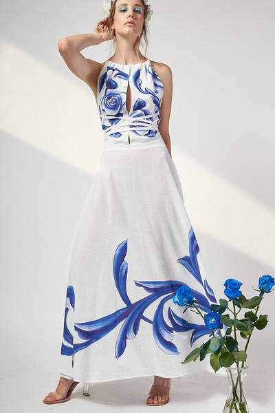 HAND PAINTED BACKLESS LONG DRESS - ROSAS AZULES