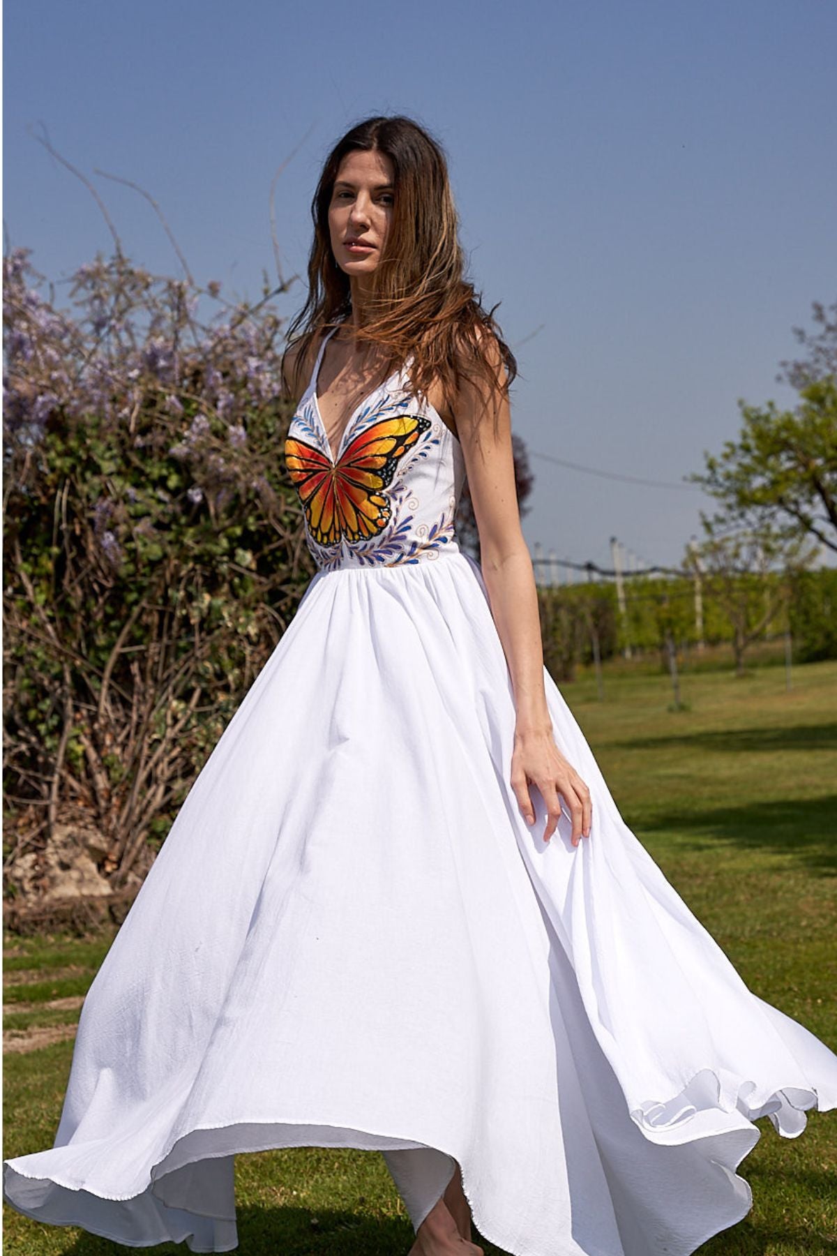 LONG HAND-PAINTED V-NECK DRESS - MARIPOSAS