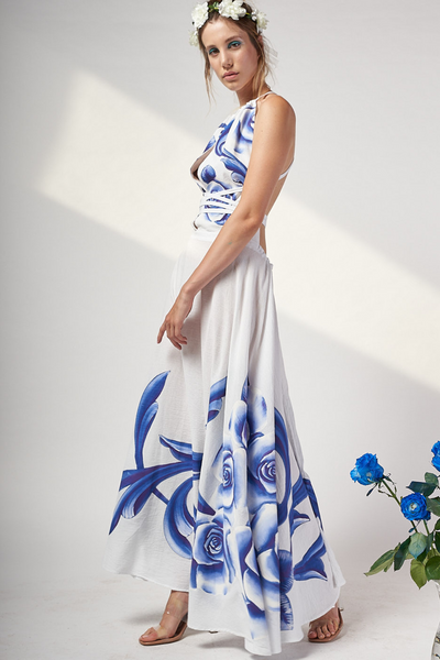 HAND PAINTED BACKLESS LONG DRESS - ROSAS AZULES