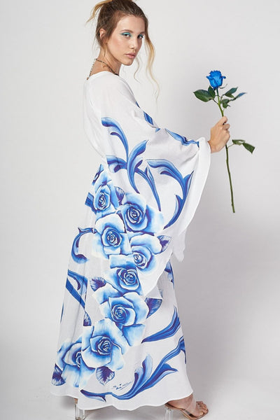LONG HAND-PAINTED KIMONO DRESS - ROSAS AZULES