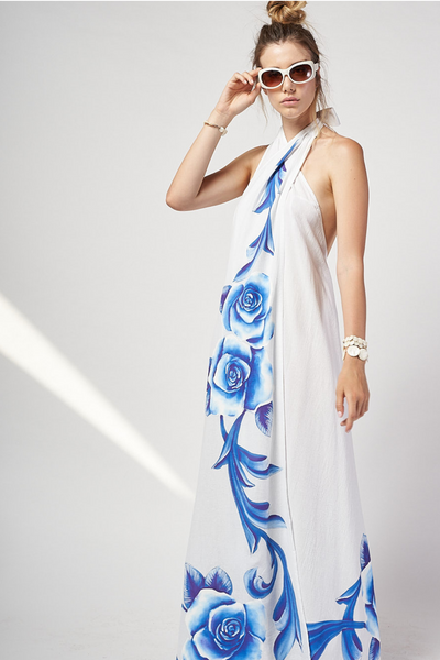 LONG HAND PAINTED ROUND NECK DRESS - ROSAS AZULES