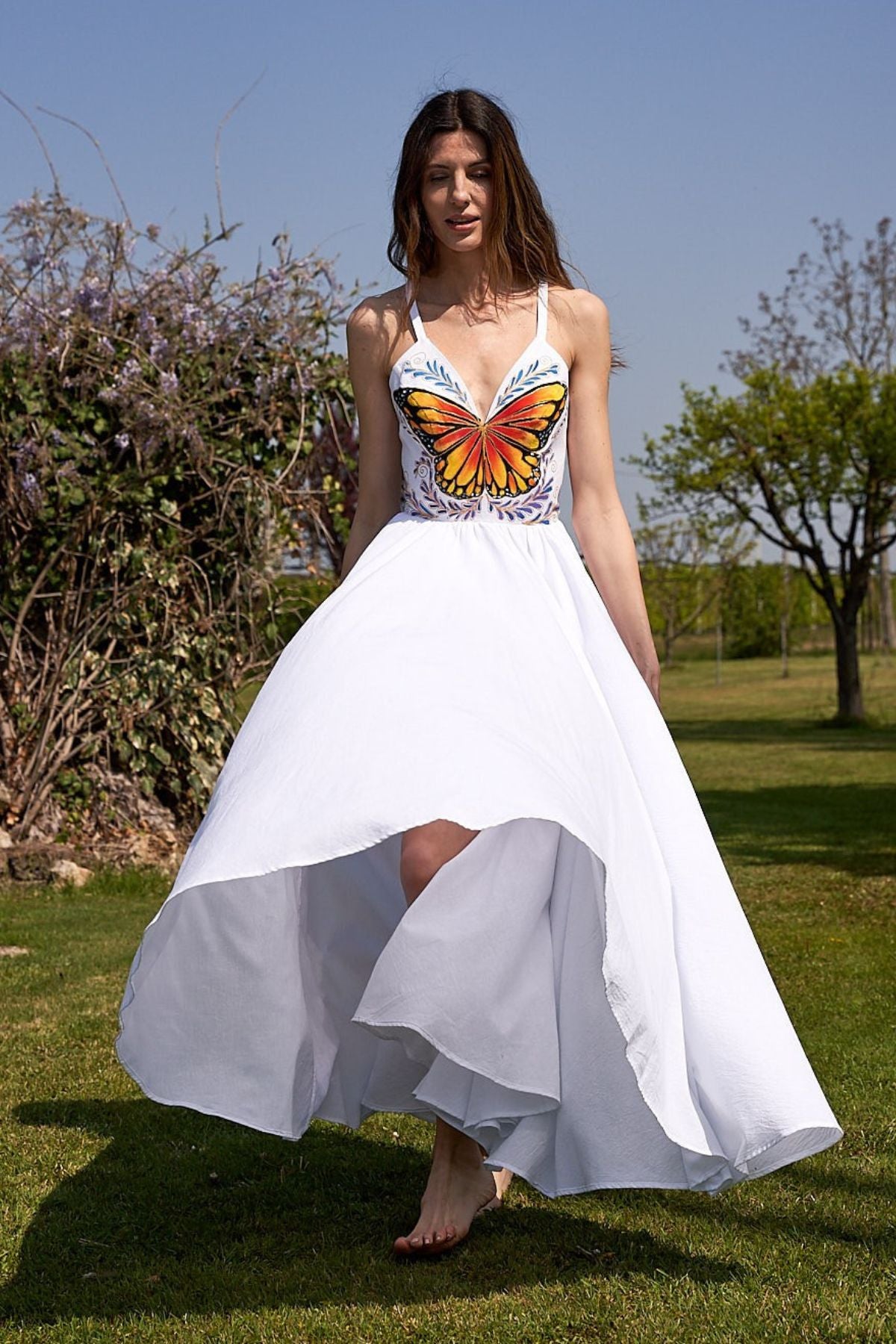 LONG HAND-PAINTED V-NECK DRESS - MARIPOSAS