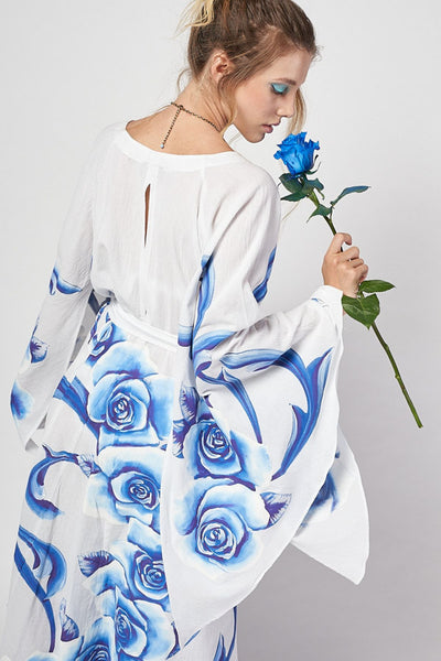 LONG HAND-PAINTED KIMONO DRESS - ROSAS AZULES