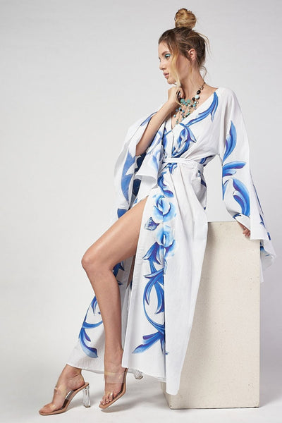LONG HAND-PAINTED KIMONO DRESS - ROSAS AZULES
