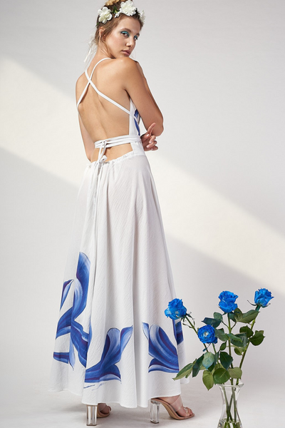 HAND PAINTED BACKLESS LONG DRESS - ROSAS AZULES