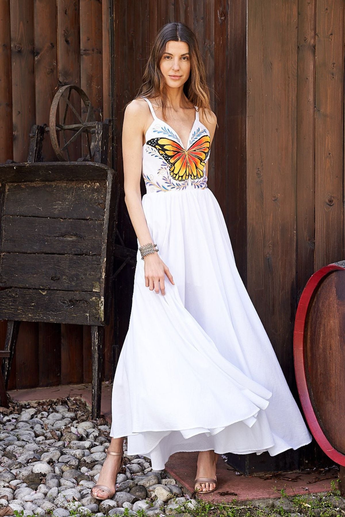 LONG HAND-PAINTED V-NECK DRESS - MARIPOSAS