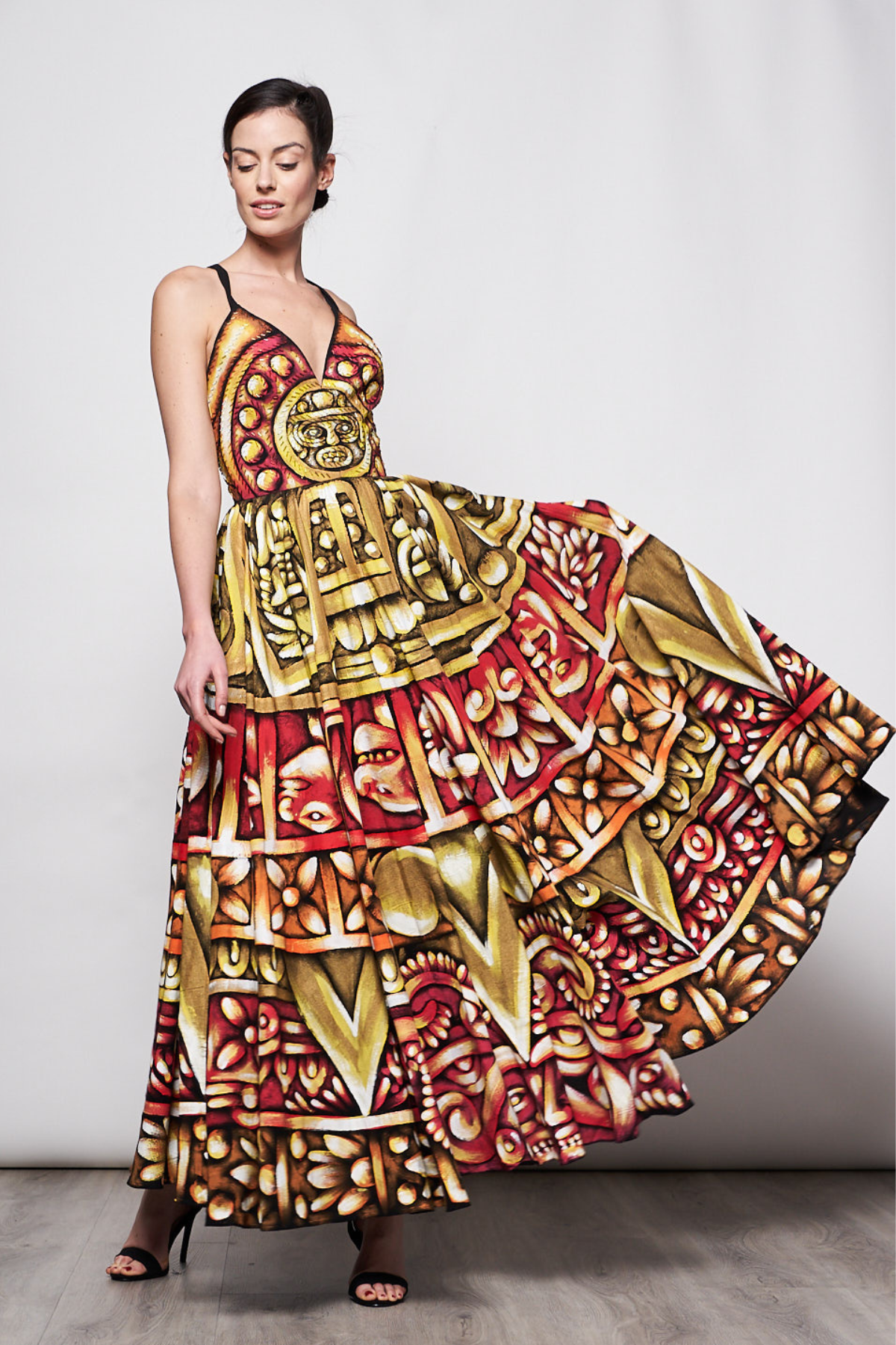 HAND-PAINTED AND HAND-EMBROIDERED LONG DRESS V NECK - PIEDRA DEL SOL