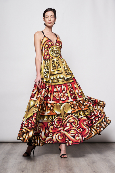 HAND-PAINTED AND HAND-EMBROIDERED LONG DRESS V NECK - PIEDRA DEL SOL