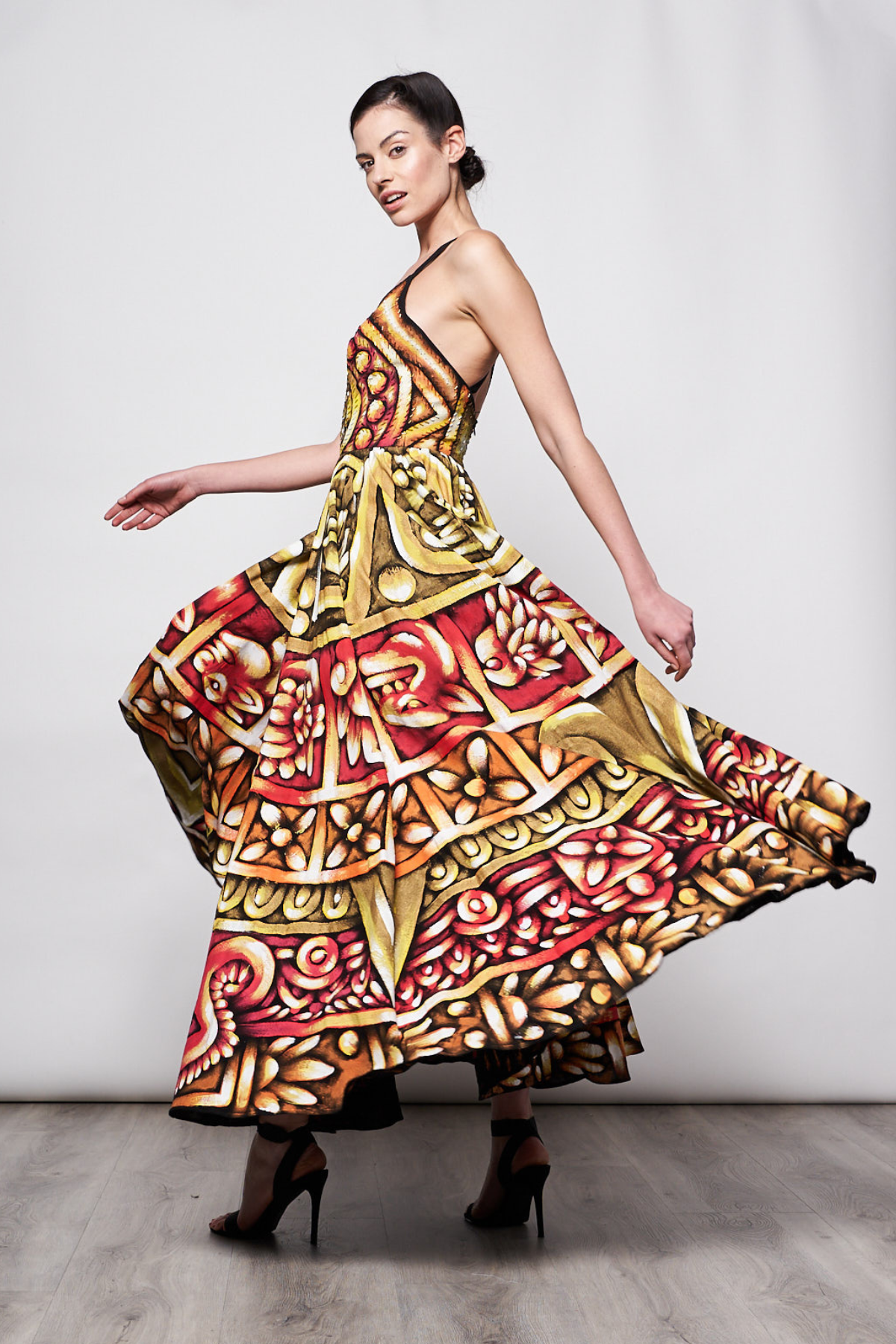 HAND-PAINTED AND HAND-EMBROIDERED LONG DRESS V NECK - PIEDRA DEL SOL