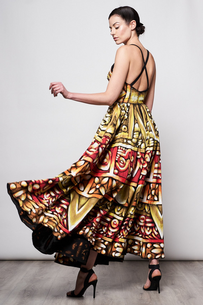 HAND-PAINTED AND HAND-EMBROIDERED LONG DRESS V NECK - PIEDRA DEL SOL