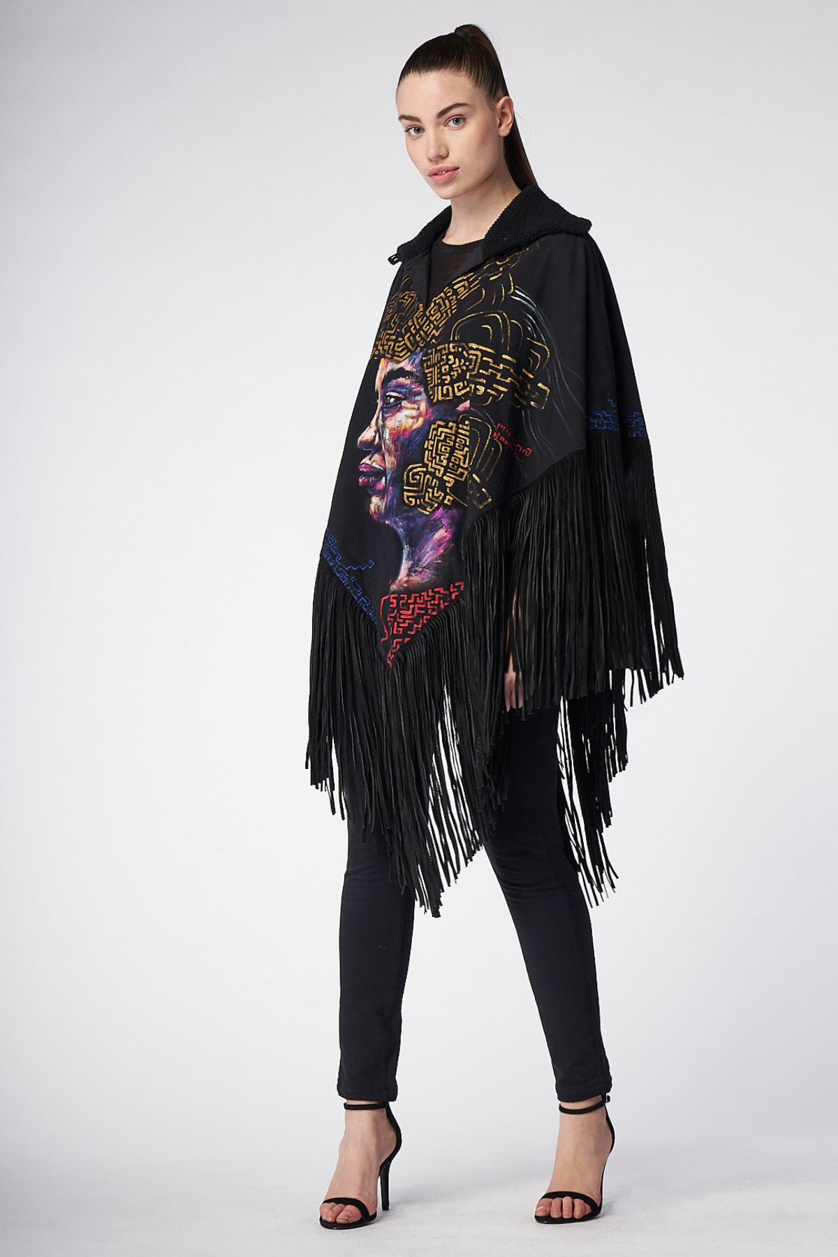 HAND-PAINTED PONCHO WITH SUEDE FRINGE