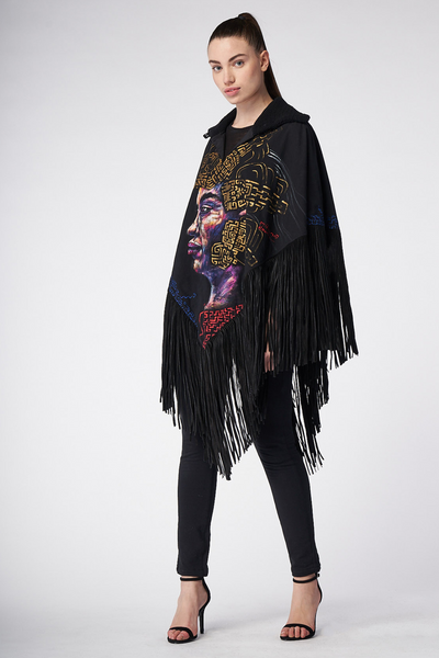 HAND-PAINTED PONCHO WITH SUEDE FRINGE