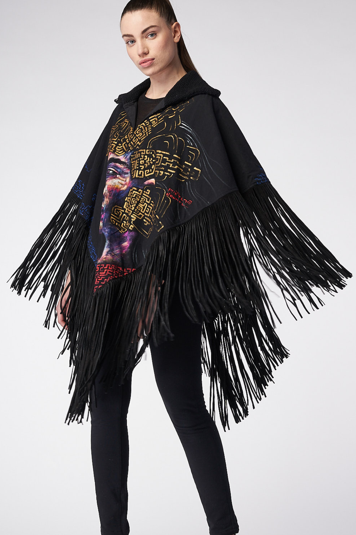 HAND-PAINTED PONCHO WITH SUEDE FRINGE