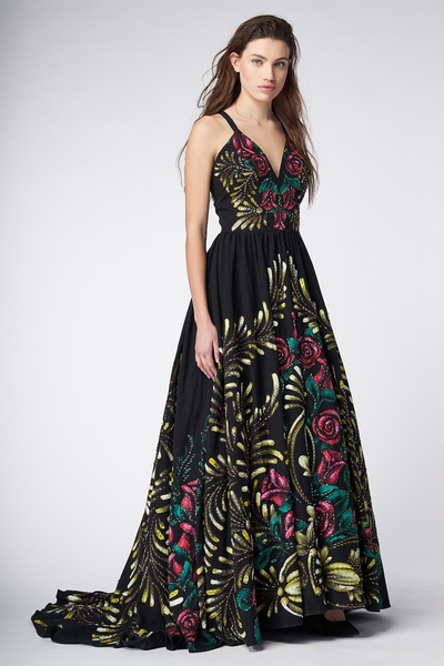 HAND PAINTED AND HAND-EMBROIDERED LONG V-NECK DRESS 