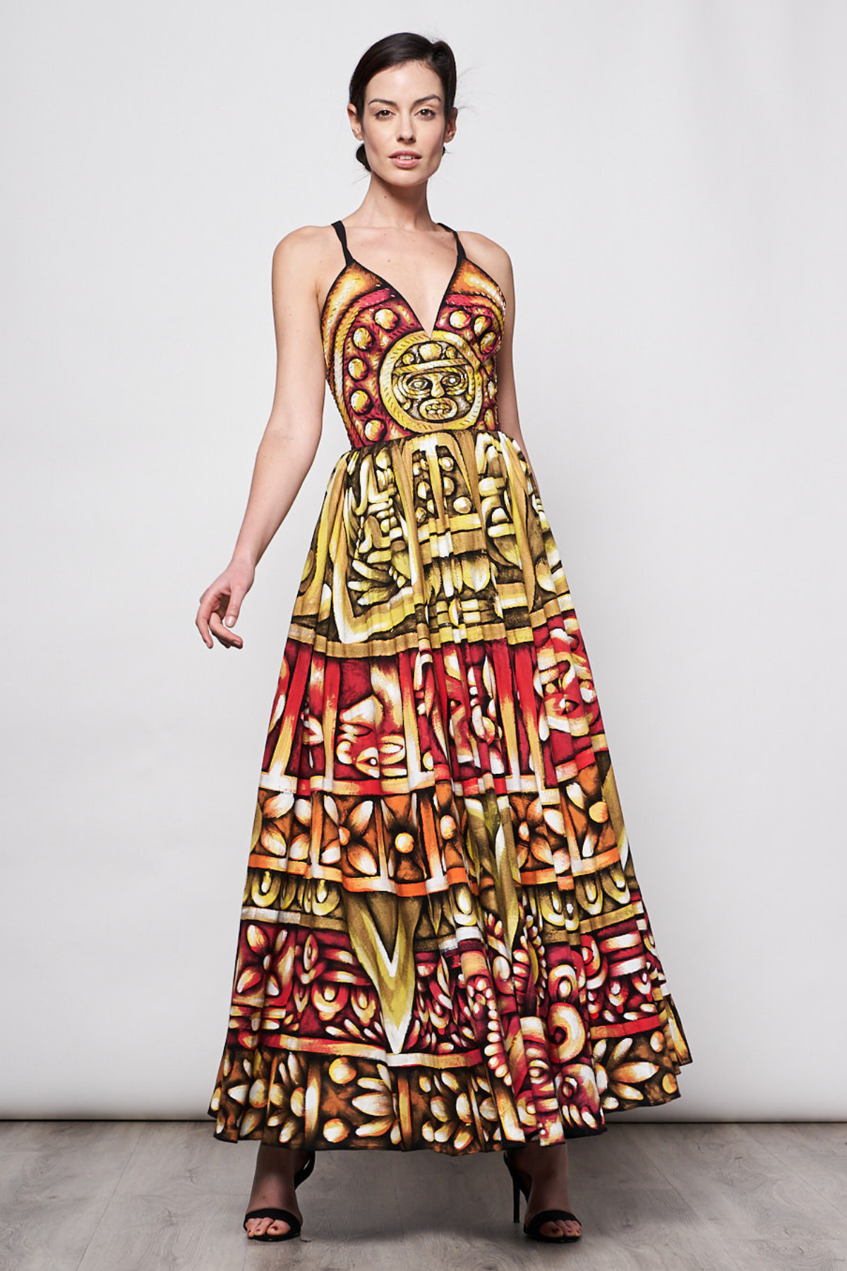 HAND-PAINTED AND HAND-EMBROIDERED LONG DRESS V NECK - PIEDRA DEL SOL