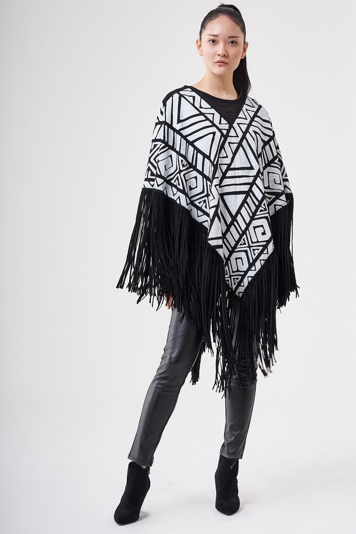 HAND-PAINTED PONCHO WITH SUEDE FRINGE