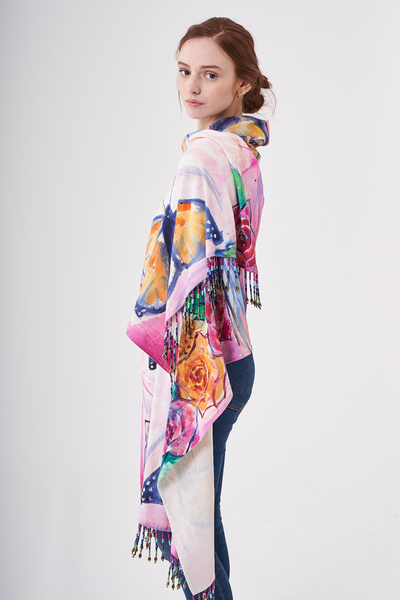 HAND-PAINTED SHAWL WITH BEADED FRINGE