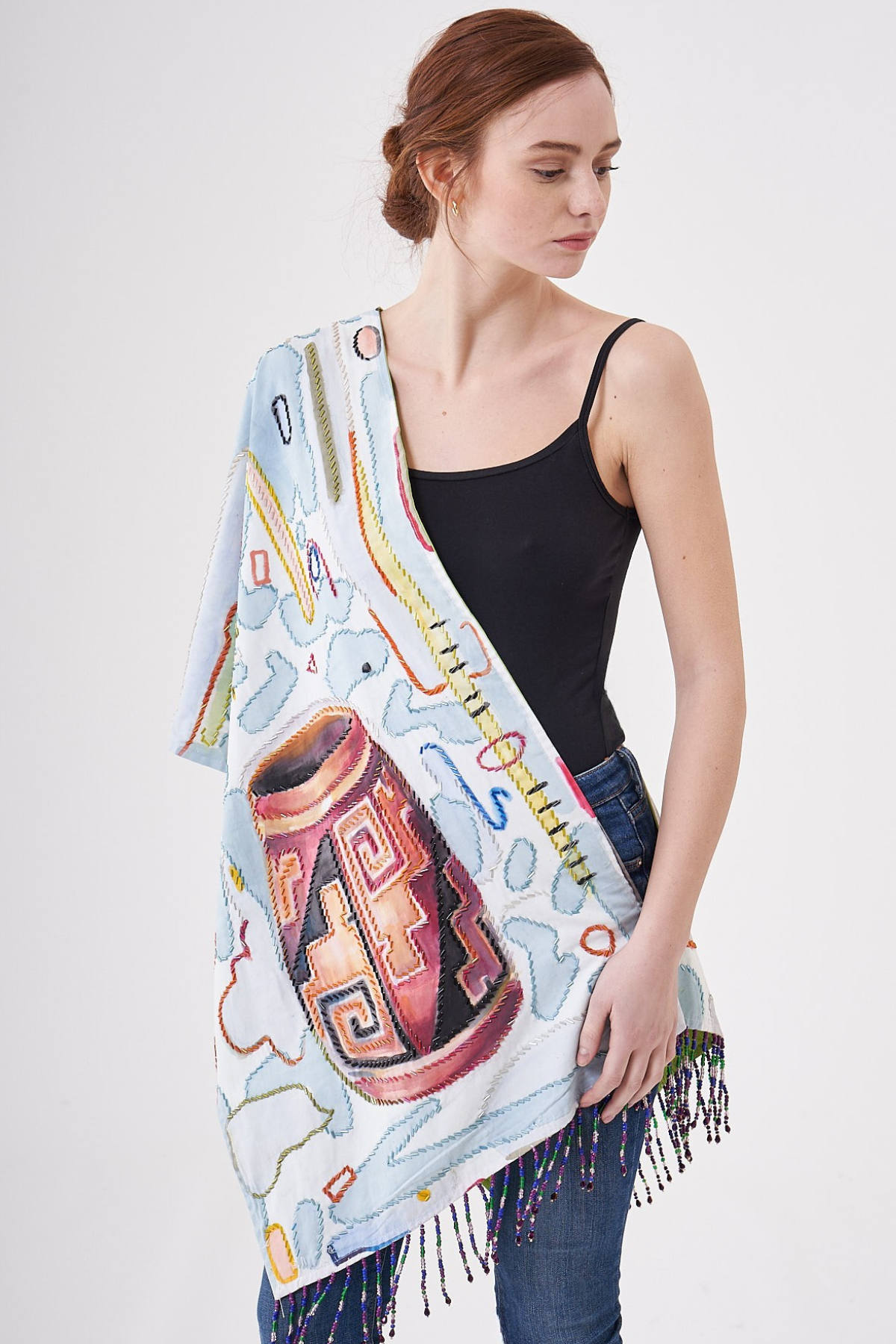 HAND-PAINTED AND HAND-EMBROIDERED SHAWL WITH BEADED FRINGE - ZAPOTECA CERAMIC