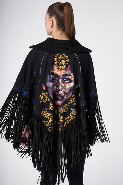 HAND-PAINTED PONCHO WITH SUEDE FRINGE