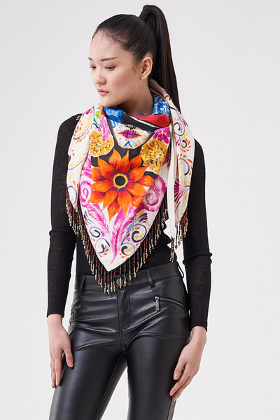 HAND-PAINTED TRIANGULAR SHAWL WITH BEADED FRINGE