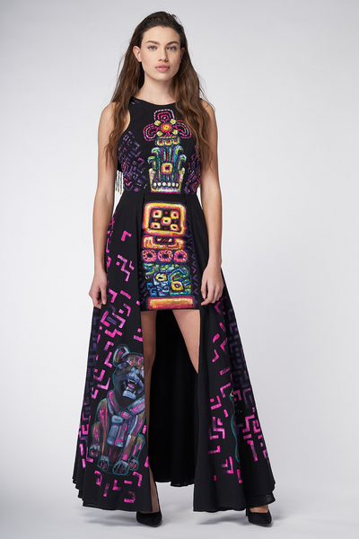 LONG HIGH-LOW HAND-PAINTED AND HAND-EMBROIDERED DRESS