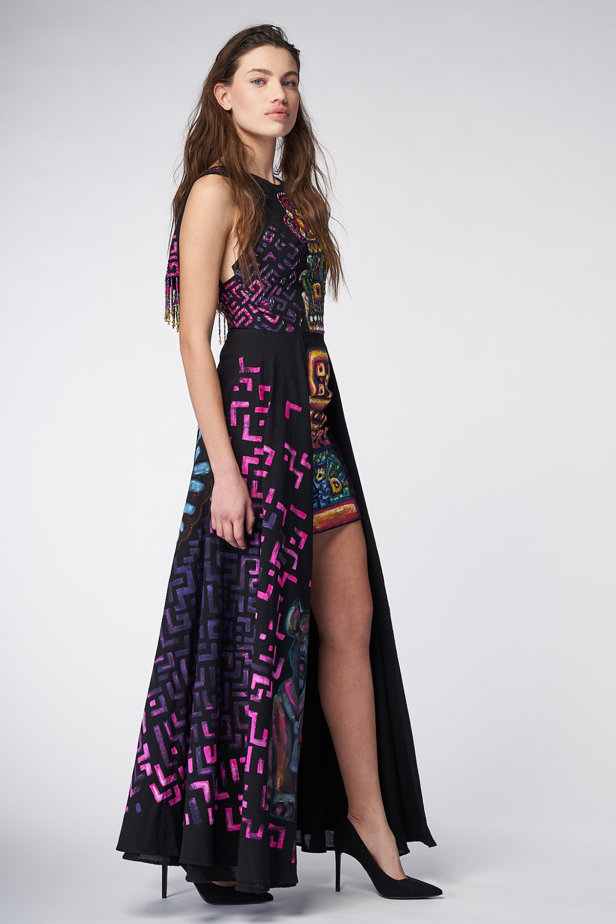 LONG HIGH-LOW HAND-PAINTED AND HAND-EMBROIDERED DRESS